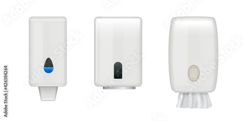 Collection of realistic toilet dispenser for soap, paper towels and hands dryer vector illustration