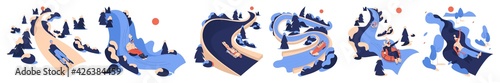 Vector collection of people sledding in landscape. Blue winter park and women riding sled. Tubing, bobsled, ice blocking, luge, skeleton and wok racing