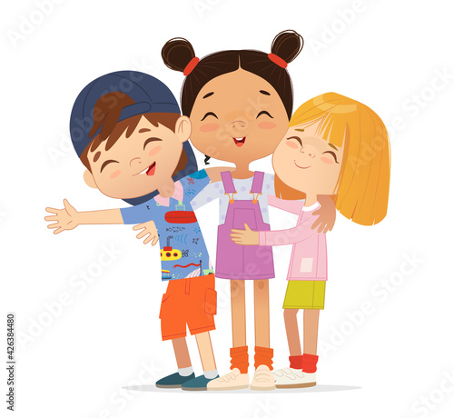 Happy multi aged friends hug each other. School boys and girls kids hugging.
