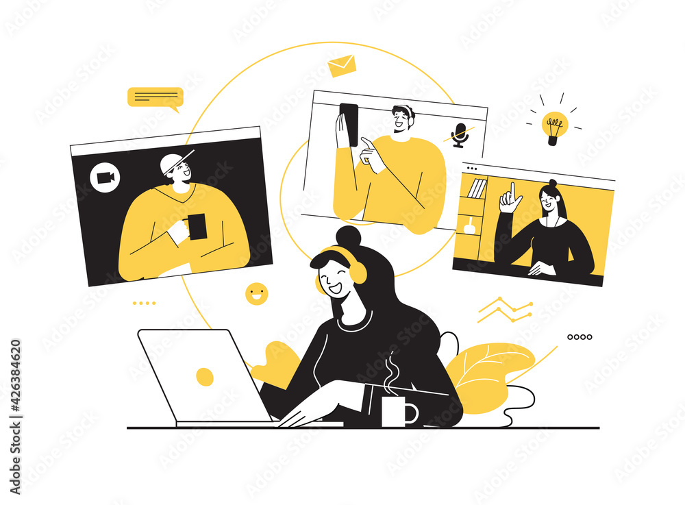 Vector illustration, work from home online, remote work, self-isolation. Freelance worker holding a video conference with colleagues from home. Internet connection. Friends video meeting - obrazy, fototapety, plakaty 