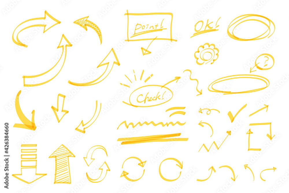 A set of handwritten arrow illustrations that look like they were drawn with highlighters A set of handwritten arrow illustrations that look like they were drawn with highlighters