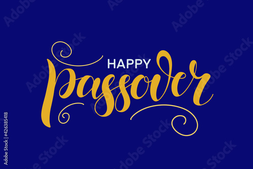 Happy Passover illustration with greeting text and decoration, isolated on the purple background. Hand lettering calligraphy. Vector illustration for the Jewish Easter celebration concept. photo