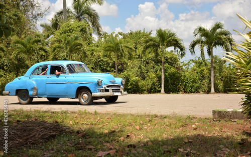 Traditional light blue oldtimer in Cuba