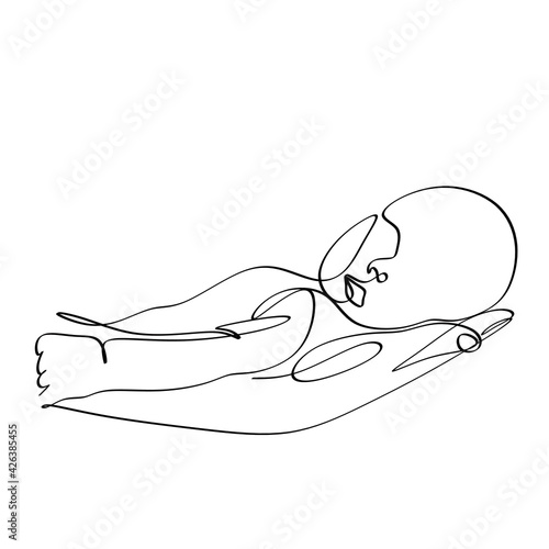 Baby in womb one single line drawing. Cute unborn fetus baby on mother womb isolated on white background. Pregnancy health care concept. Minimalism style.
