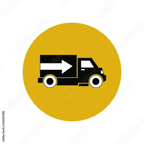 Truck icon in a yellow circle. Delivery and transportation of goods. User interface button in smartphone app. Vector illustration