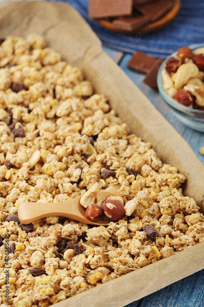 Homemade granola with nuts and chocolate Homemade granola with nuts and chocolate