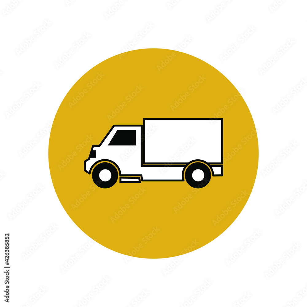 Truck icon in a yellow circle. Delivery and transportation of goods. User interface button in smartphone app. Vector illustration Truck icon in a yellow circle. Delivery and transportation of goods. User interface button in smartphone app. Vector illustration