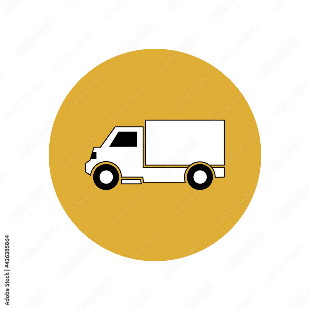 Truck icon in a yellow circle. Delivery and transportation of goods. User interface button in smartphone app. Truck icon in a yellow circle. Delivery and transportation of goods. User interface button in smartphone app.