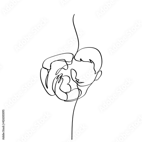 Baby in womb one single line drawing. Cute unborn fetus baby on mother womb isolated on white background. Pregnancy health care concept. Minimalism style.