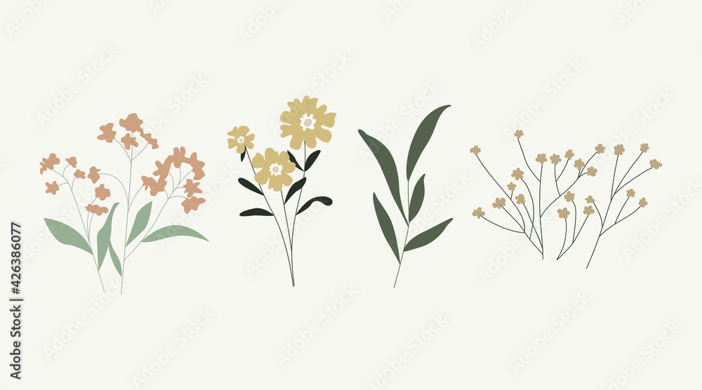 Collection of wild and garden blooming flowers isolated on bright background. Vector bundle of bouquets. Set of decorative floral design elements. Collection of wild and garden blooming flowers isolated on bright background. Vector bundle of bouquets. Set of decorative floral design elements.