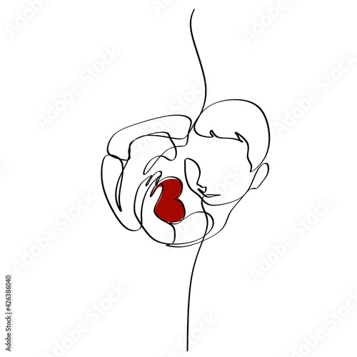 Baby in womb one single line drawing. Cute unborn fetus baby on mother womb isolated on white background. Pregnancy health care concept. Minimalism style.