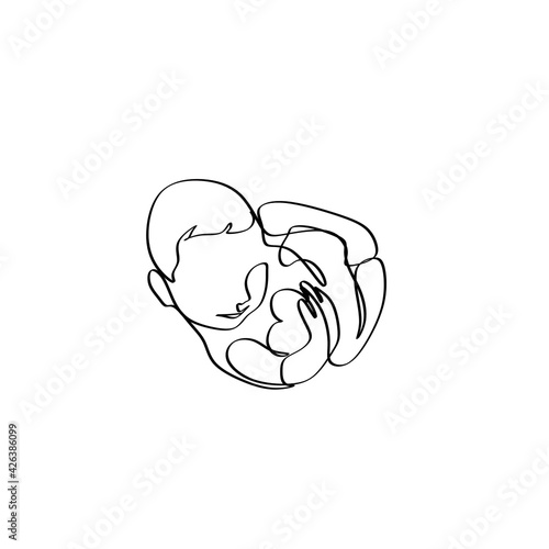 Baby in womb one single line drawing. Cute unborn fetus baby on mother womb isolated on white background. Pregnancy health care concept. Minimalism style.