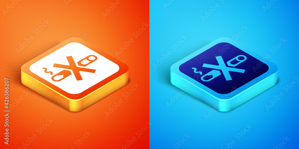 Isometric No Smoking icon isolated on orange and blue background. Cigarette symbol. Vector Isometric No Smoking icon isolated on orange and blue background. Cigarette symbol. Vector