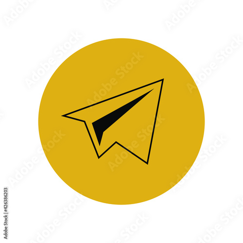 Airplane icon in a yellow circle. A telegram or paper letter arrived. In-app message delivery. User interface button for smartphone. Vector illustration