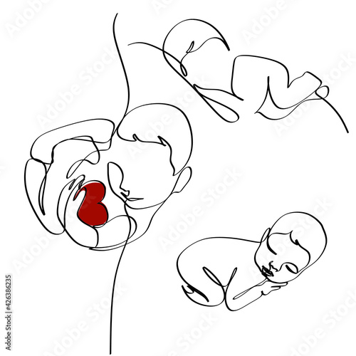 Baby in womb one single line drawing. Cute unborn fetus baby on mother womb isolated on white background. Pregnancy health care concept. Minimalism style.
