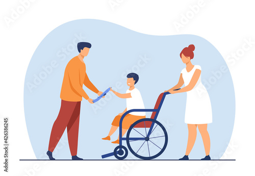 Little boy sitting in wheelchair and taking toy from dad. Nurse, help, treatment flat vector illustration. Hospital and disability concept for banner, website design or landing web page