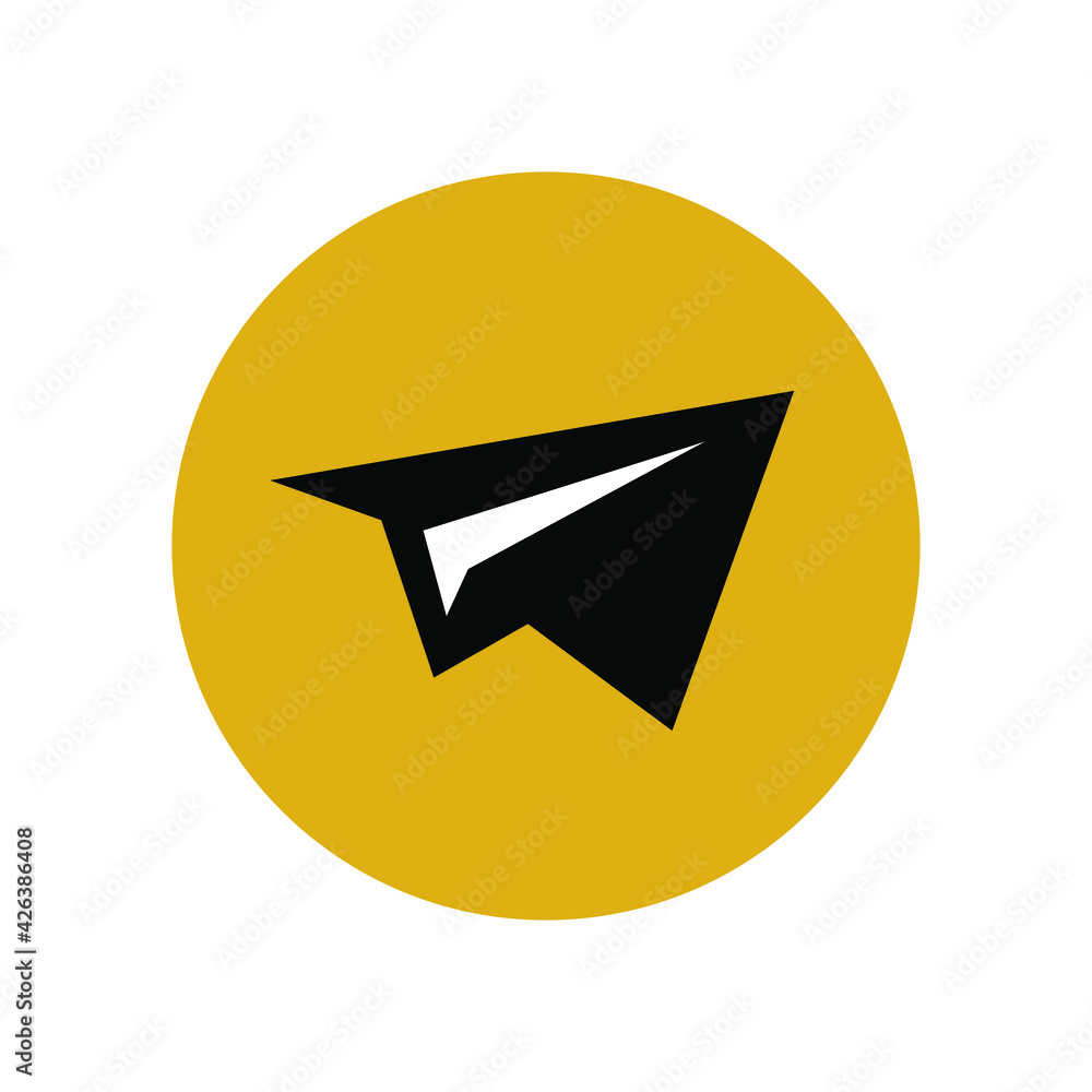 Airplane icon in a yellow circle. A telegram or paper letter arrived. In-app message delivery. User interface button for smartphone. Vector illustration Airplane icon in a yellow circle. A telegram or paper letter arrived. In-app message delivery. User interface button for smartphone. Vector illustration