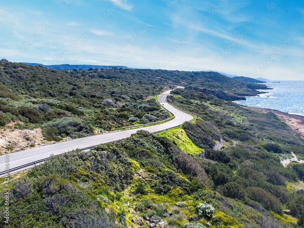 Aerial view of a coastal road in Sardinia