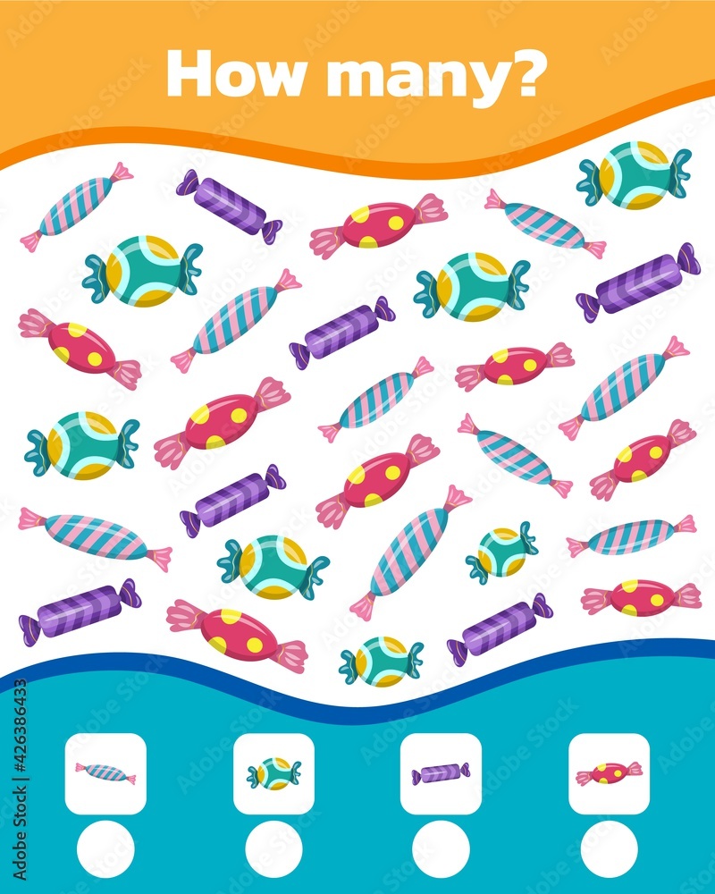 Math colorful game for kids. How many cute sweet candies are there. Vector illustration.