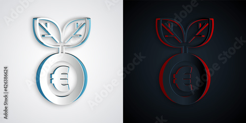 Paper cut Euro plant icon isolated on grey and black background. Business investment growth concept. Money savings and investment. Paper art style. Vector