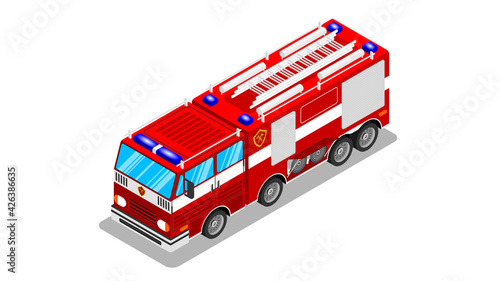 Red fire truck in isometric style. Vector illustration on a white background.