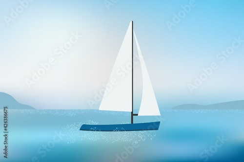 Sailing yacht on sea waves with mountains view in daylight. © ederella