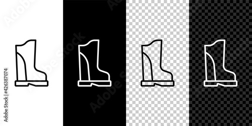 Set line Waterproof rubber boot icon isolated on black and white, transparent background. Gumboots for rainy weather, fishing, gardening. Vector
