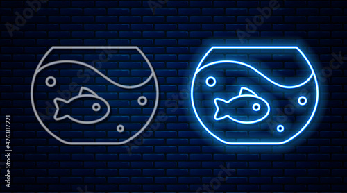 Glowing neon line Aquarium with fish icon isolated on brick wall background. Round glass aquarium. Aquarium for home and pets. Vector