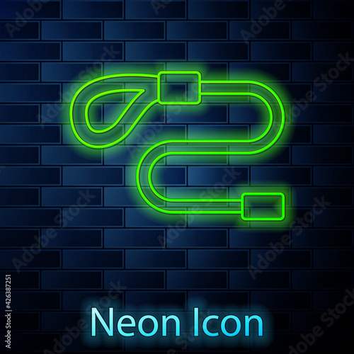 Glowing neon line Retractable cord leash with carabiner icon isolated on brick wall background. Pet dog lead. Animal accessory for outdoors walk. Vector