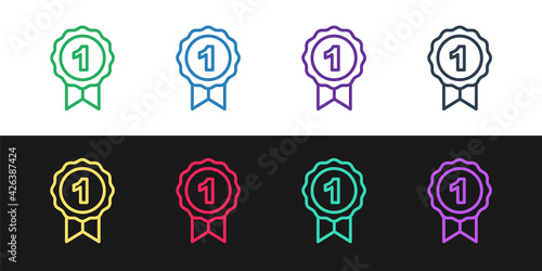 Set line Dog award symbol icon isolated on black and white background. Medal with dog footprint as pets exhibition winner concept. Vector