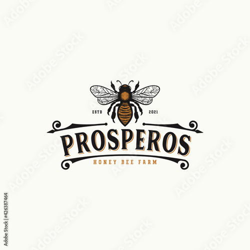 Bee Vintage Badge Logo Design For Honey Bee Farm Or Honey Products
