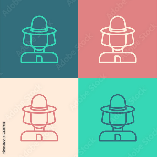 Pop art line Beekeeper with protect hat icon isolated on color background. Special protective uniform. Vector