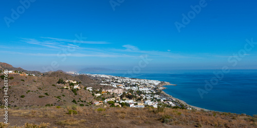 High up view of Mojacar Beach, Mojacar, Almeria, Andalusia, Spain