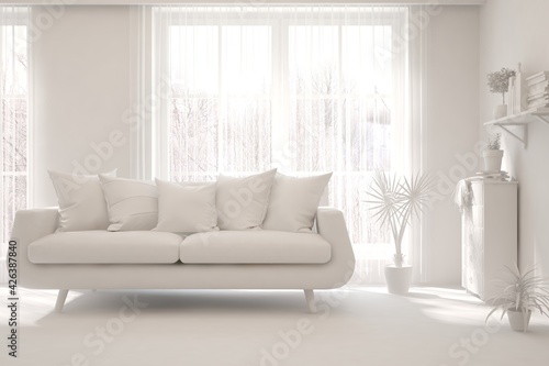 White minimalist living room with sofa. Scandinavian interior design. 3D illustration