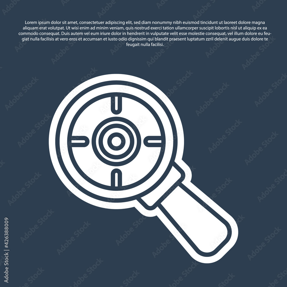 Blue line Target financial goal concept with magnifying glass icon isolated on blue background. Symbolic goals achievement, success. Vector Blue line Target financial goal concept with magnifying glass icon isolated on blue background. Symbolic goals achievement, success. Vector