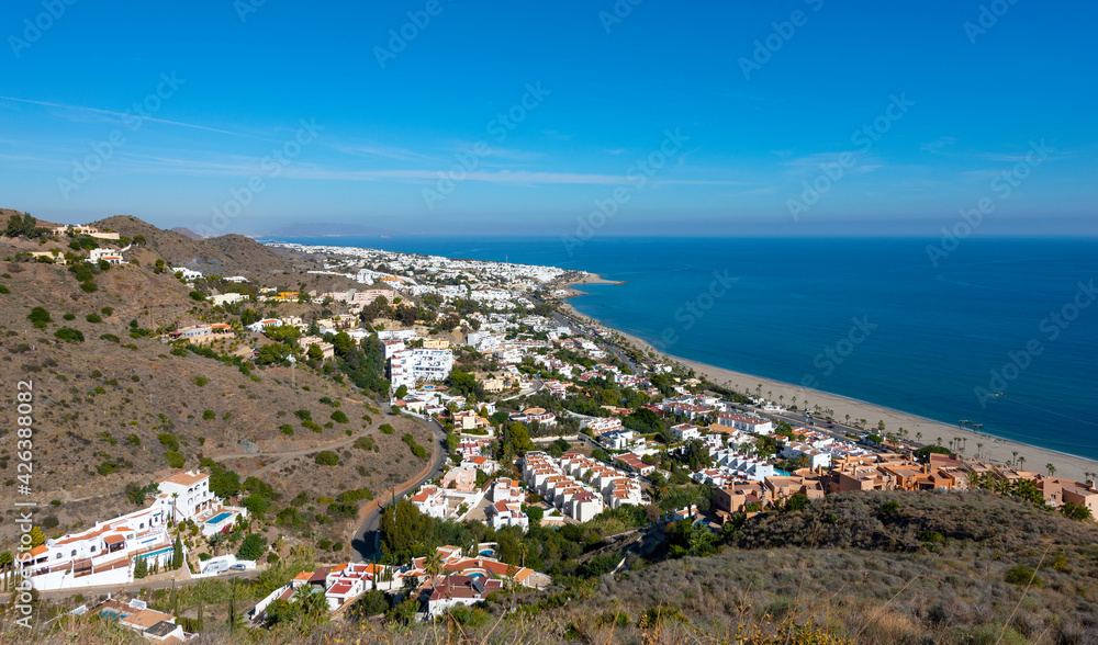 High up view of Mojacar Beach, Mojacar, Almeria, Andalusia, Spain, 