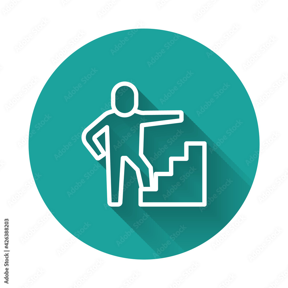 White line Stair with finish flag icon isolated with long shadow background. Career growth business concept. Concept of business development. Green circle button. Vector White line Stair with finish flag icon isolated with long shadow background. Career growth business concept. Concept of business development. Green circle button. Vector