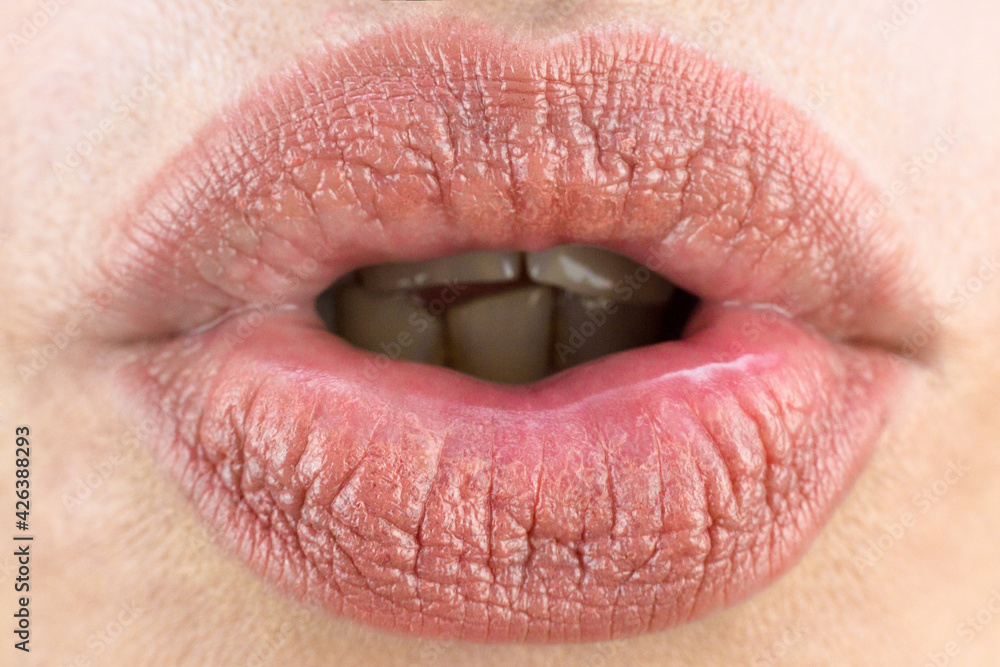Obraz premium Female lips closeup, air kiss love concept.