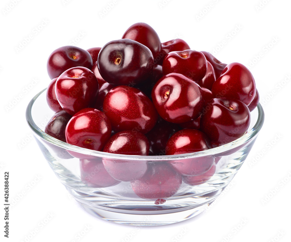 glass bowl of sweet cherry fruits isolated on white background glass bowl of sweet cherry fruits isolated on white background