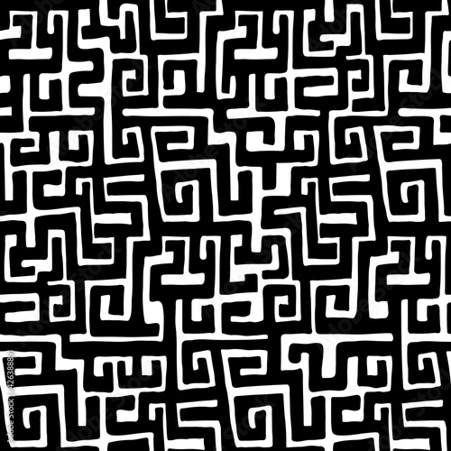 African hand drawn ethnic style vector seamless pattern. Kuba geometric textile swatch. Trendy boho tribal tile.