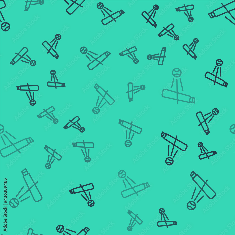 Black line Baseball bat with ball icon isolated seamless pattern on green background. Vector Black line Baseball bat with ball icon isolated seamless pattern on green background. Vector