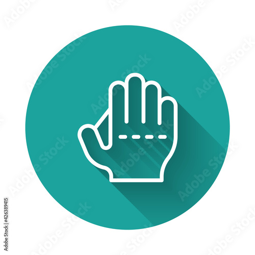 White line Baseball glove icon isolated with long shadow background. Green circle button. Vector