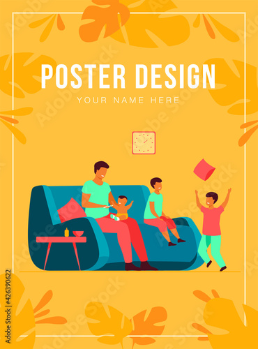 Family and parenthood concept. Cartoon father feeding youngest son at TV in living room, while other boys playing games together. Vector illustration for single dad, children care topics
