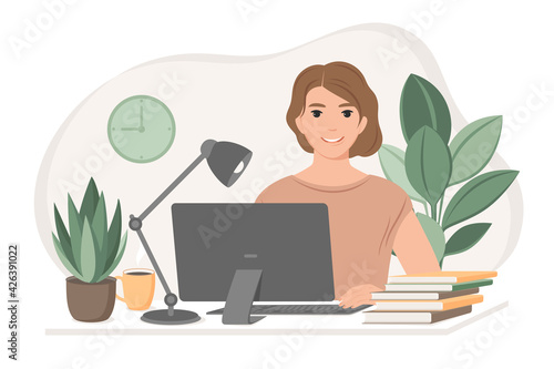Student woman preparing for exams using online courses, freelancer working from home. Freelance, studying or online education concept . Vector flat style illustration