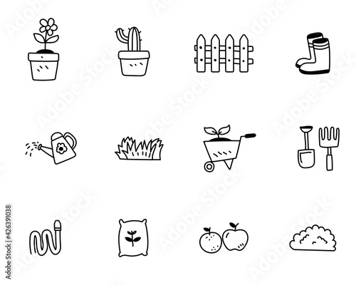 Set of gardening icon with cute doodle style isolated on white background
