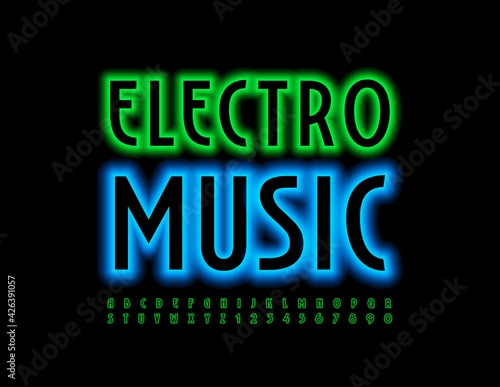 Vector neon sign Electro Music with creative Alphabet Letters an Numbers set. Bright glowing Font