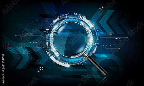 magnifying glass with scan search concept and futuristic electronic technology background, transparent vector illustration