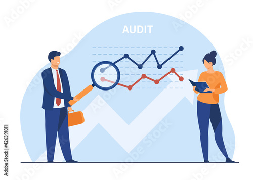 Two analysts checking graph. Magnifier, finance, company flat vector illustration. Audit and analytics concept for banner, website design or landing web page