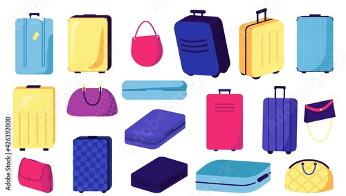 Large collection suitcases  bags  vector illustration. Set designer stylish accessories for travel  trip. Bright colors  elegant handbags designs.