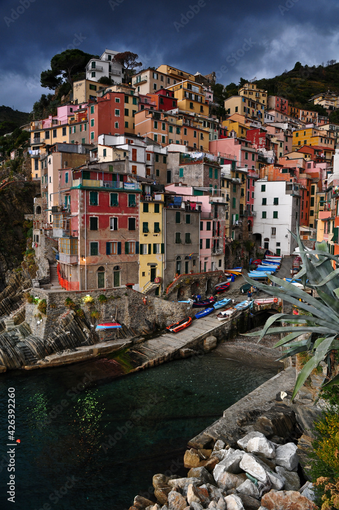 The village of Riomaggiore, one of the five picturesque villages that form the Cinque Terre, Liguria, Italy